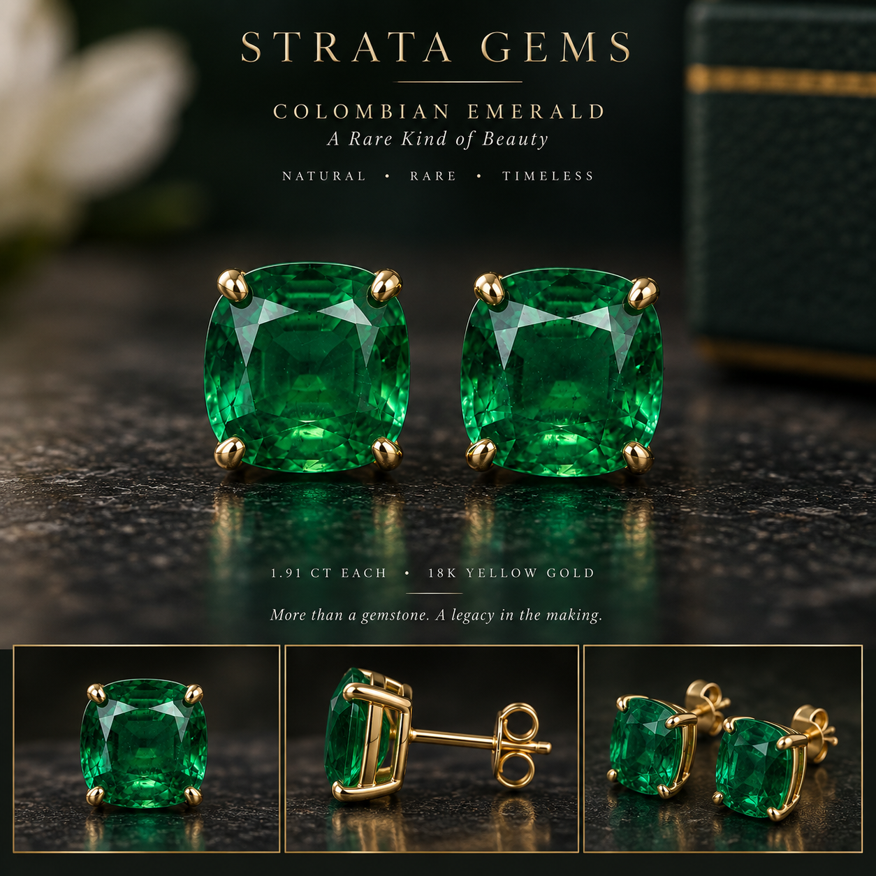 Matching emerald stud earrings in 18k yellow gold
