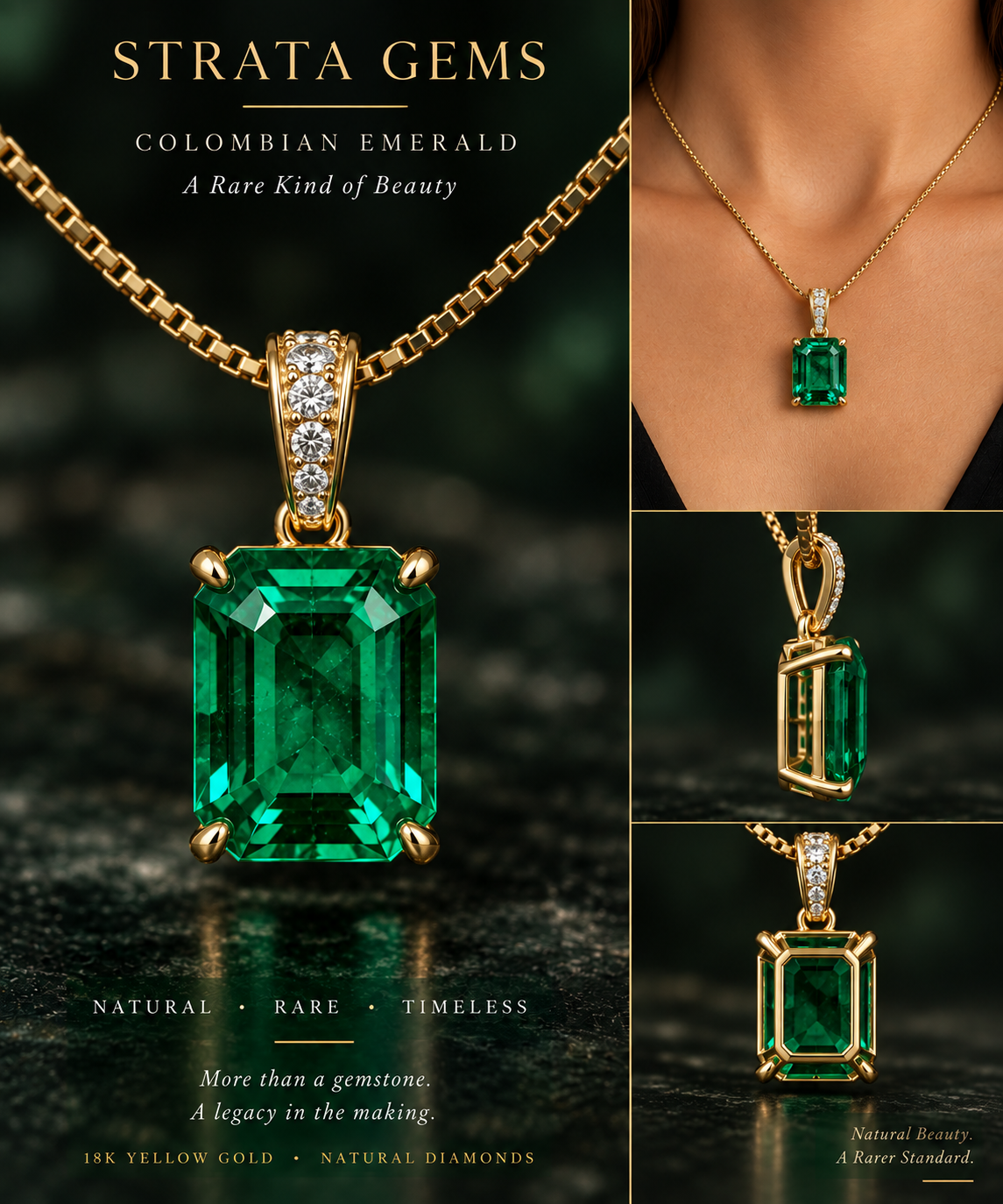 Colombian emerald pendant in 18k yellow gold with diamond bail