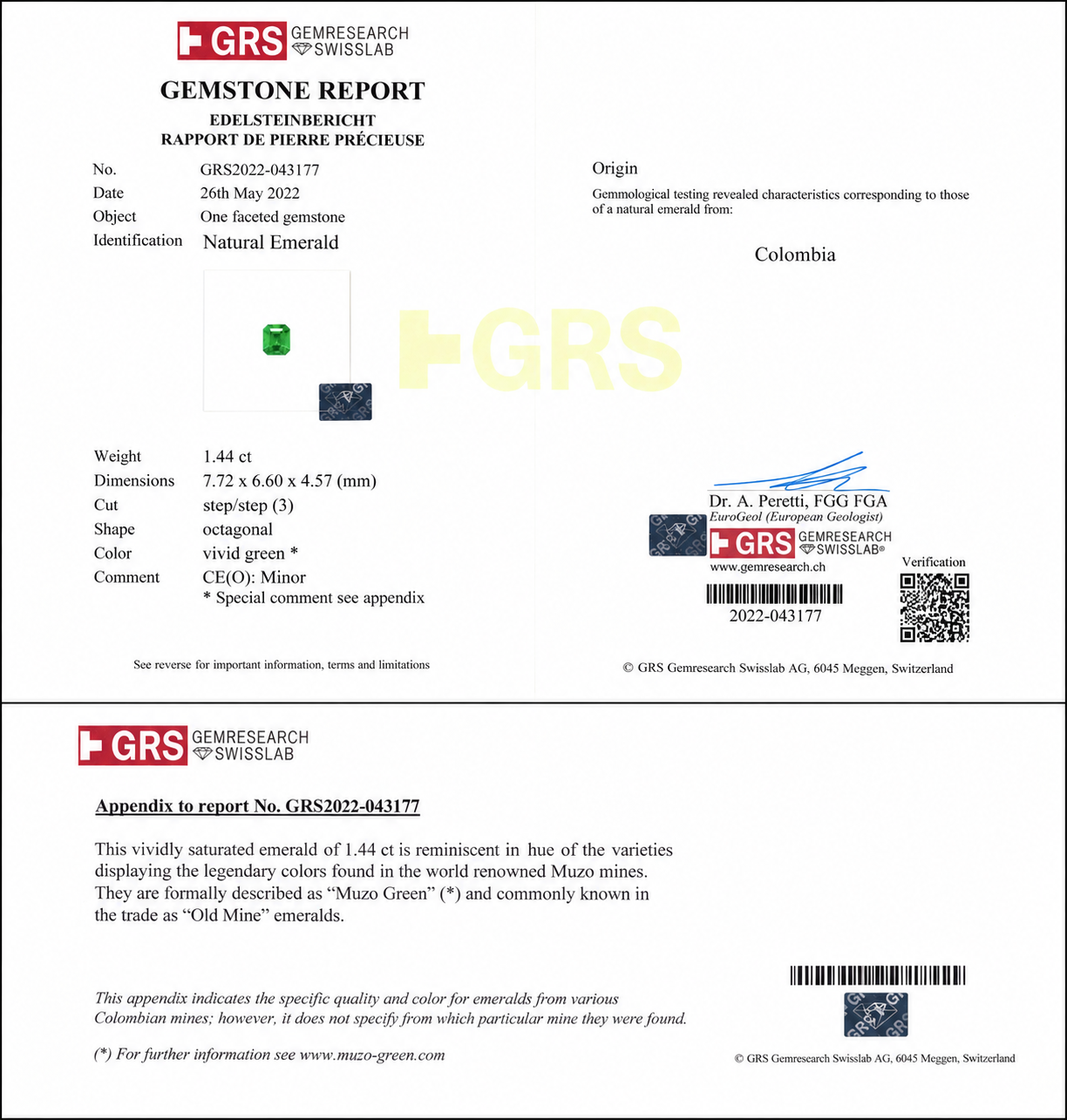 GRS report for 1.44 carat Colombian emerald