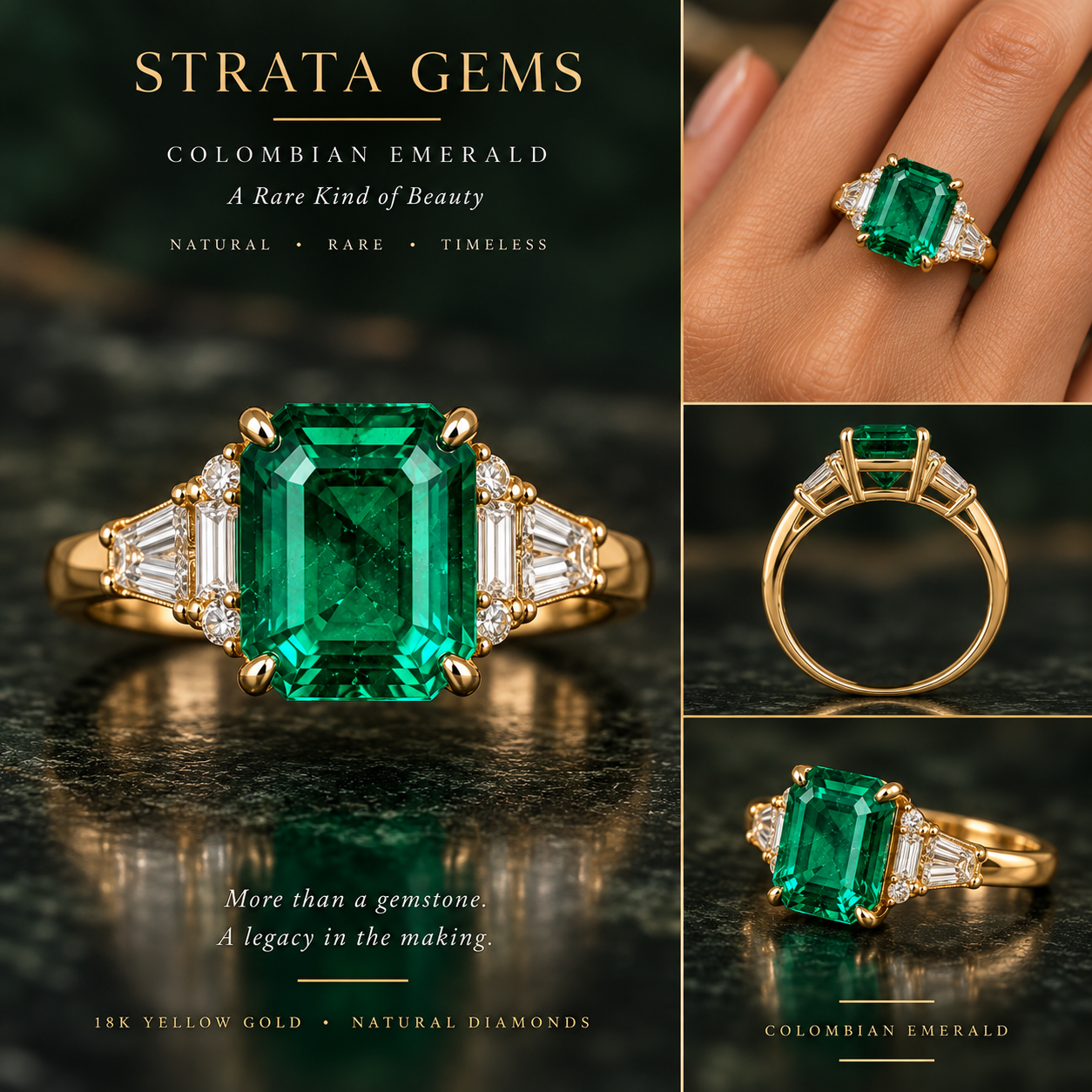 Colombian emerald ring in 18k yellow gold with diamond accents
