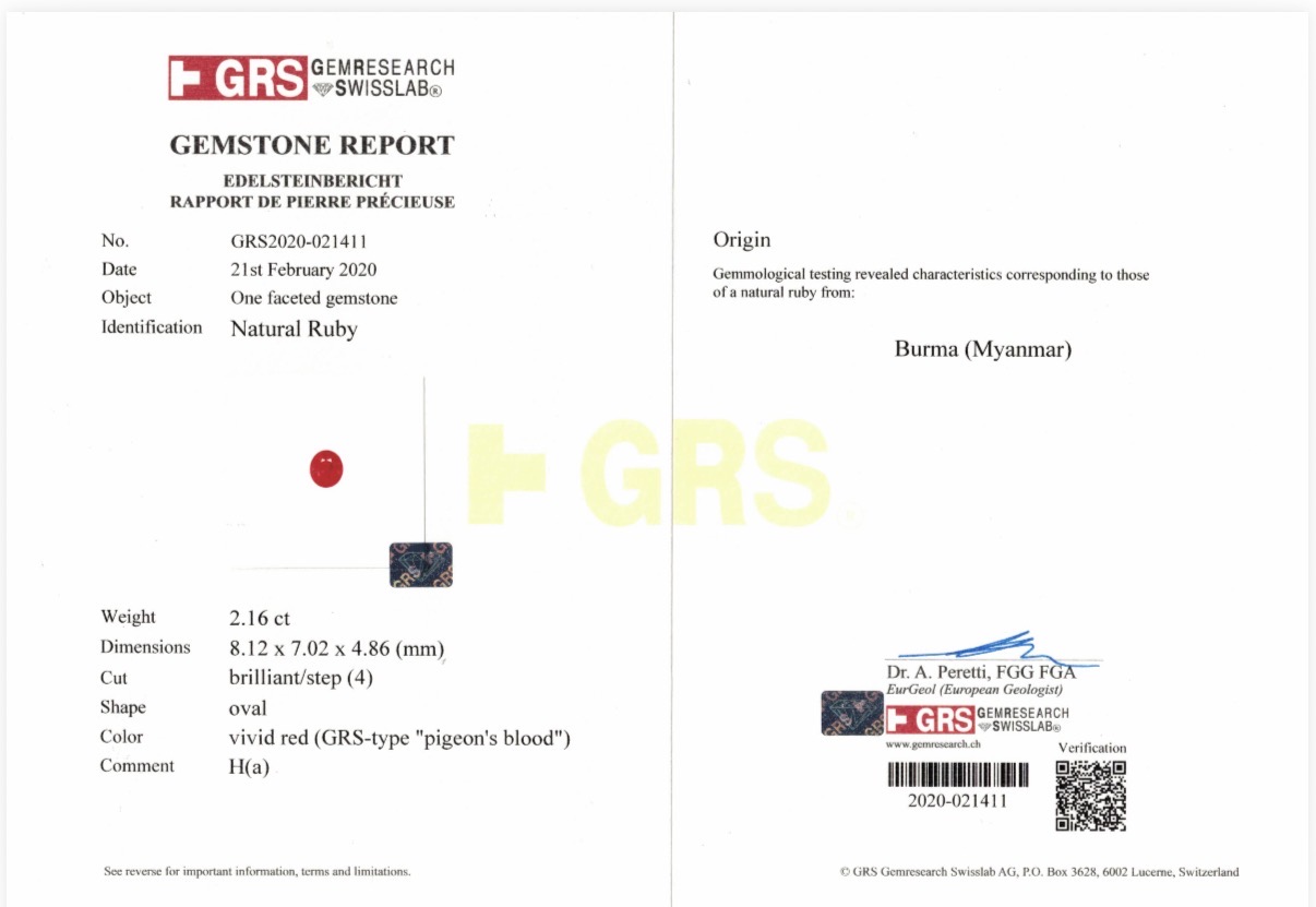 GRS gemstone report for the 2.16 carat Burmese ruby