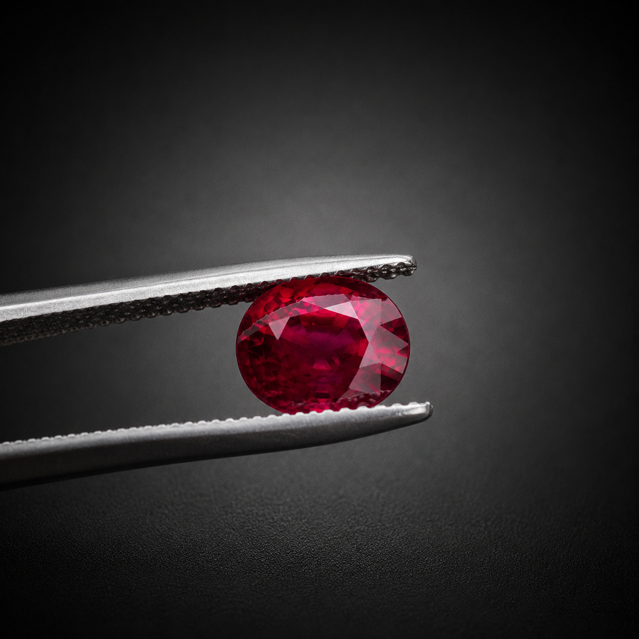 2.16 carat Burmese ruby being examined in gemological tweezers
