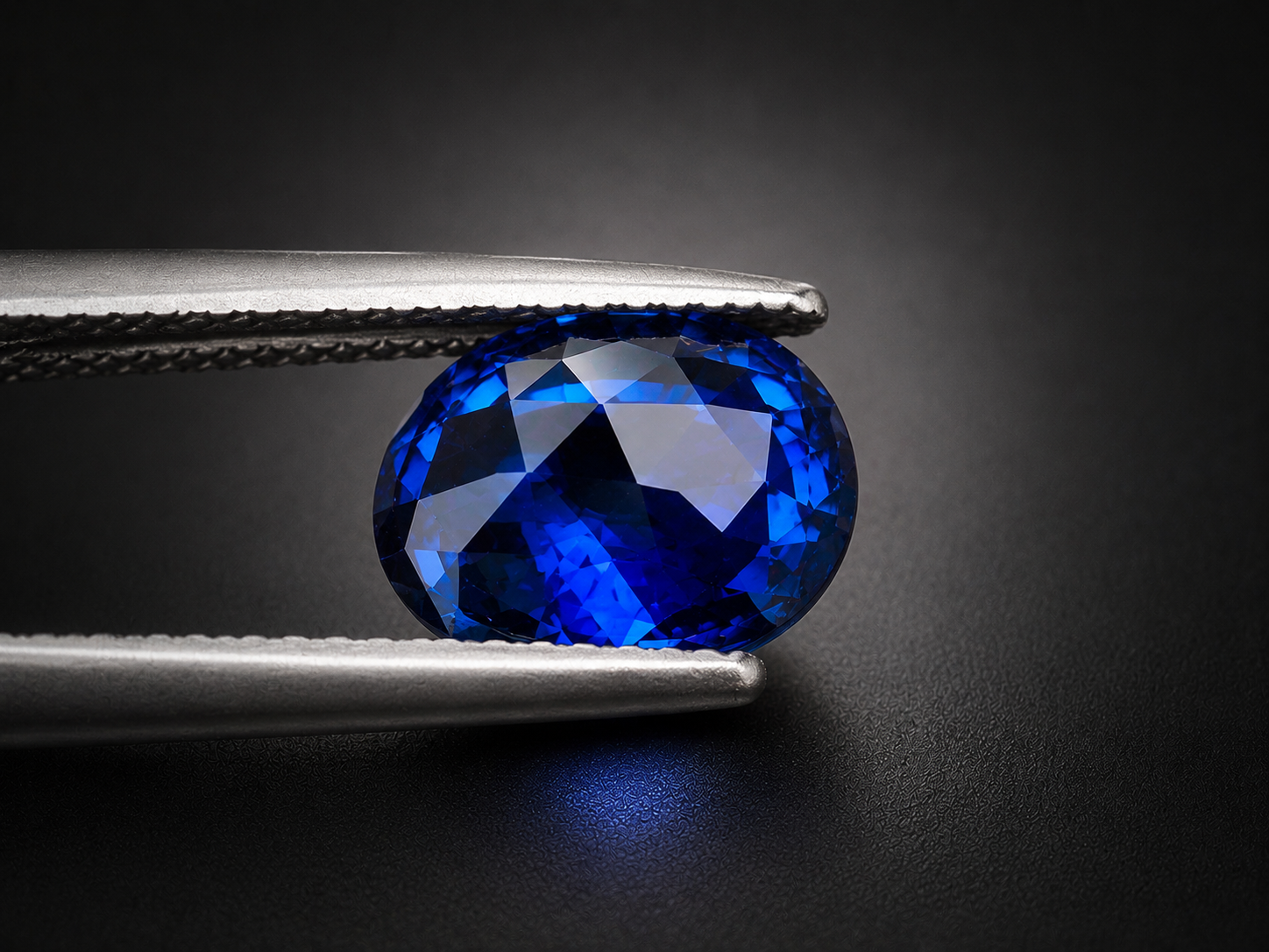 Featured 5.02 carat royal blue sapphire being examined with gemological tweezers