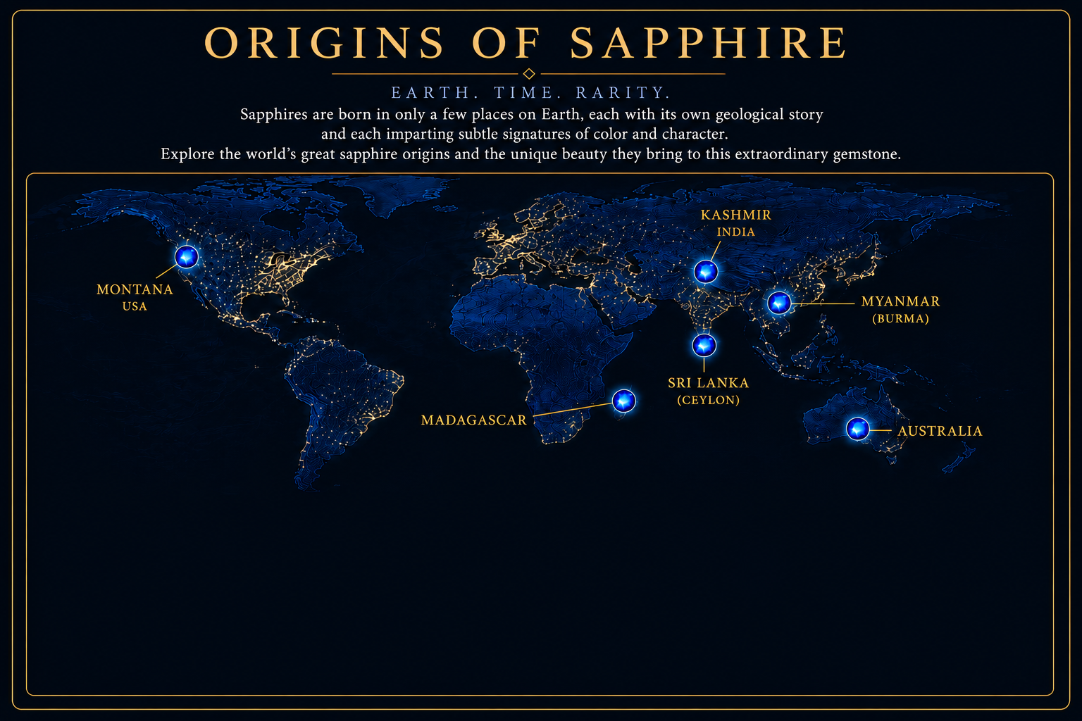 World map showing important sapphire-producing localities